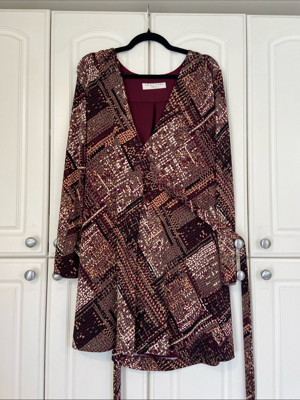 Trina Turk Long Sleeve Wrap Dress in Burgundy Multi-Print